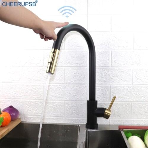 Touch Control Kitchen Sink Faucets Pull Down Smart Crane Deck Mount Stainless Steel Automatic Tap Single Hole Matte Black Faucet