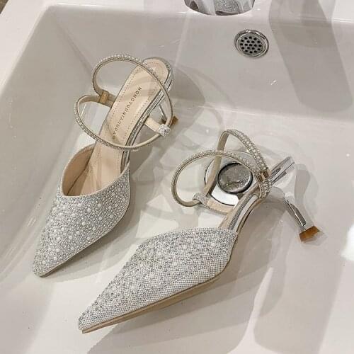 Low-Top in Silver Solid Color Stiletto Heel Ankle Strap Adult Rhinestone Pointed Toe High Heel Side Empty Fashion Sandals