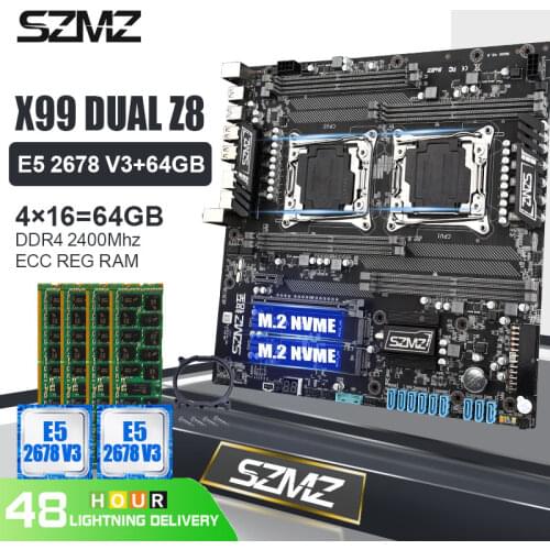 SZMZ X99 Dual Z8 CPU Socket LGA 2011-3 Motherboard Set with Intel Xone E5 2678 V3*2 and 4*16GB DDR4 2400MHZ ECC REG RAM
