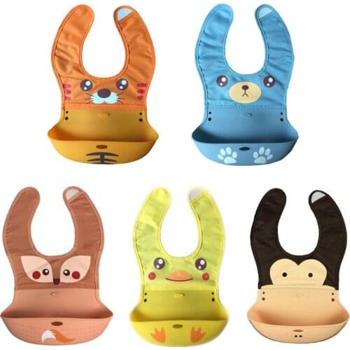 Waterproof Baby Soft Silicone Bibs Cartoon Animal Infant Feeding Saliva Towel Food Catcher Pocket
