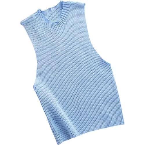 Ladies Summer Sexy Midriff-baring Camisole, Girls Solid Color Round Collar Sleeveless Knitted Tops Slim Base Shirt Women Clothes