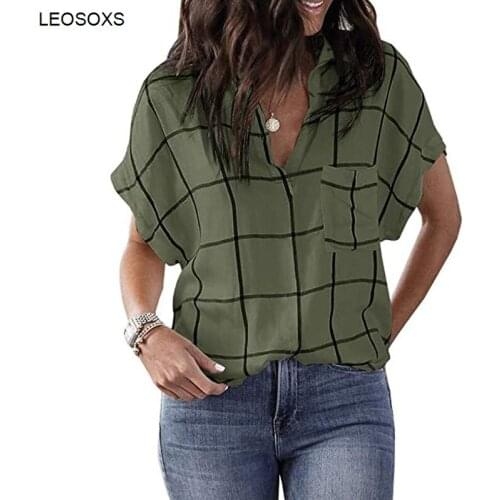 Womens Clothing 2021 Summer Fashion Check Print Pocket V-neck Short Sleeve Shirt Loose Casual Top Female