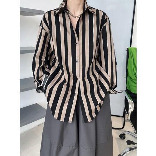 Vertical Striped Shirts Womens Autumn New BF Turn-down Collar Casual Long Sleeve Blouse Tops 321
