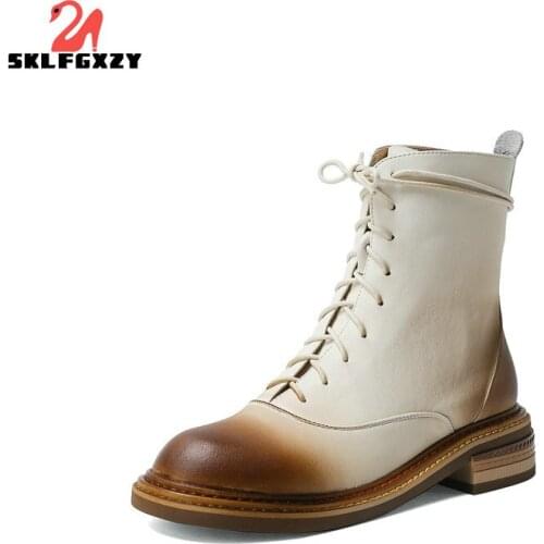 SKLFGXZY Ladies Genuine Leather Shoes Women Autumn Winter Ankle Oxford Boots Female Lace Up Rubber Boots Women Platform Boots