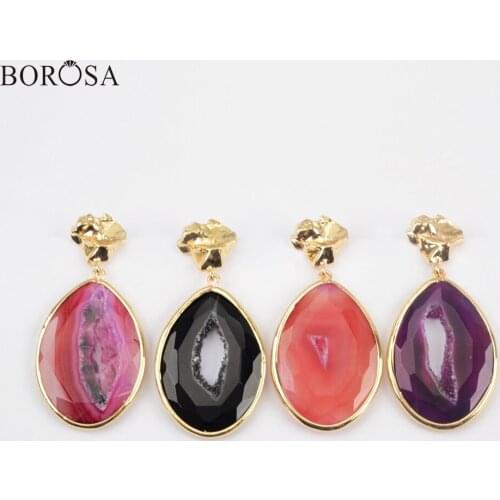 BOROSA 4Pairs Gold/Silver Color Drop Shape Agates Slice Drop Earring Rainbow Agates Druzy Slice Earrings for Women WX1176