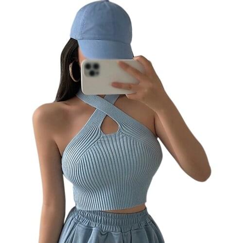 Womens Solid Halter Hollow Out Slim Vest Summer Sexy Exposure Navel Camisole Tank Tops