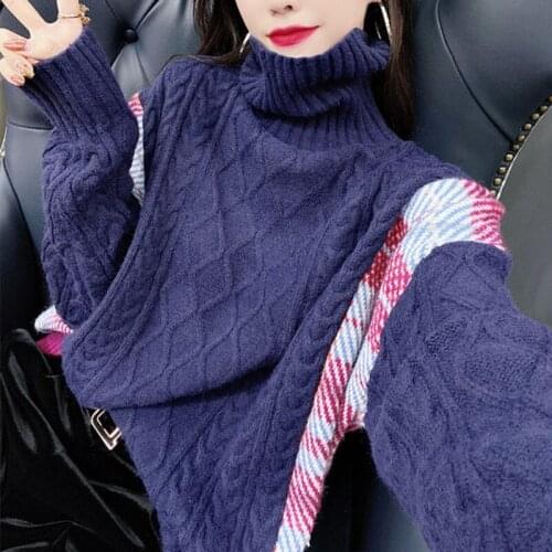 2020 New Winter Loose Turtle Neck Long-sleeved Women Thickened patchwork Minimalist Pullover Knitted Sweater C764