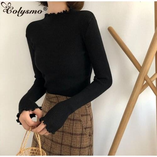 Colysmo Ruffle Turtleneck Sweater Women 2019 Autumn And Winter Thin Long Sleeve Ribbed Knit Jumper Ladies Pink Slim Fit Pullover