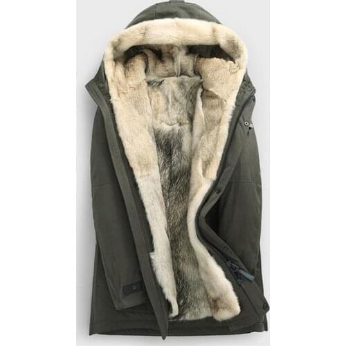 Winter Leather Fur wolf Liner Men Fur Coat Parker Coat hooded Thick coat Mens Warmer Leather Jacket Really wolf hair