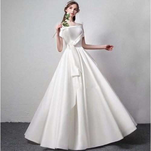 #10010 2020 Off Shoulder Simple Vintage Short Sleeve Satin A line Wedding Dress
