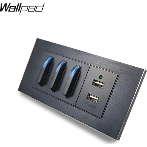153*75mm 3 Gang Piona Push Button Switch with USB Wallpad L3 Black Aluminum Button Switch with LED Indicator USB Power Charger