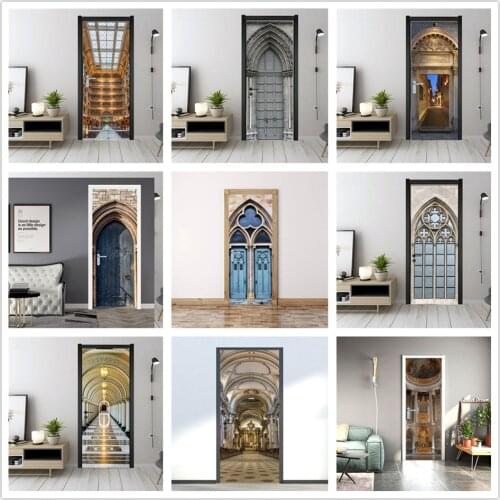 2PCS/SET 3D View Retro Building Door Sticker Adhesive Waterproof Removable Wallpaper Living Room Bedroom Home Design deurposter