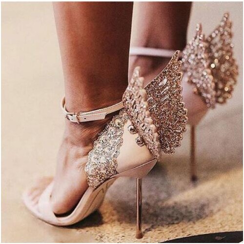 2018 Summer Hot Women Luxury Crystal Butterfly Back Sandals One Strap Toe Thin Ankle Buckle Ladies Metal Heel Sandals Party Shoe