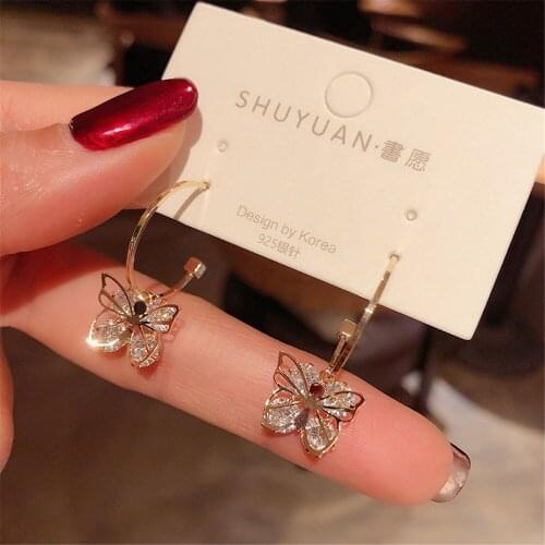 2021 New Fashion Stud Earring Crystal Butterfly Ear Hoop Earrings Korean Temperament 925 Silver Needle Stud Earrings Female