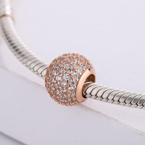 925 Sterling Silver Rose Gold Pave CZ White Zircon Round Beads Pendant Charm Bracelet Jewelry Making For DIY Original Pandora