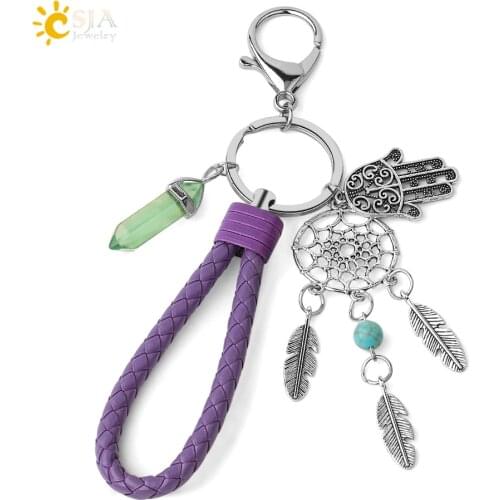 CSJA Dreamcatcher Keychain Natural Stone Green Fluorite Hamsa Hand Feather Tassel Charms Braided Rope Long Key Holder Decor G545
