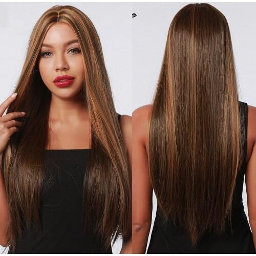 CharmSource Long Straight Synthetic Forehead Lace Hair Wigs Blend Blonde and Brown Wig For Women Heat Resistant Daily Use