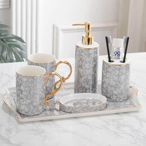 European style couple ceramic bathroom five-piece toothbrushing cup lotion bottle toothbrush holder soap dish tray light luxury