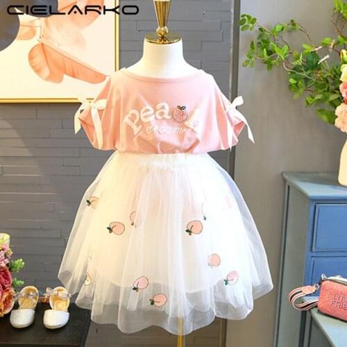 Cielarko Summer Girls Clothing Set Peach Pink 2018 T-Shirt + Tulle Skirt Fashion 2pcs Set Cotton Kids Girl Suit for 3-7 Years
