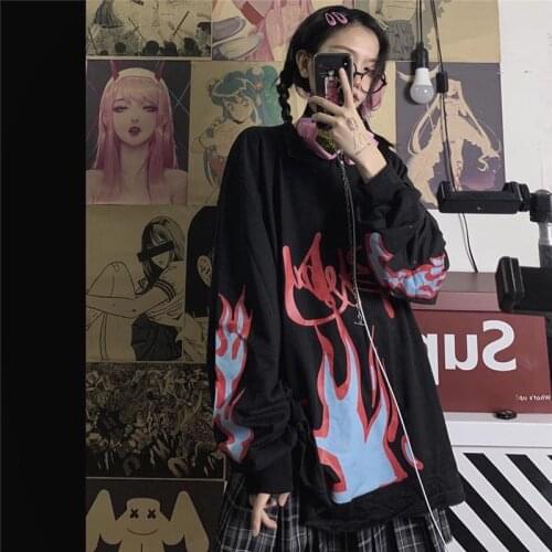 Cool Black Fire Flame Tshirt Streerwear Autumn Japanese Rock T Shirt Long Sleeve Tees Girl Hip Hop Tops Causal T Shirts Female