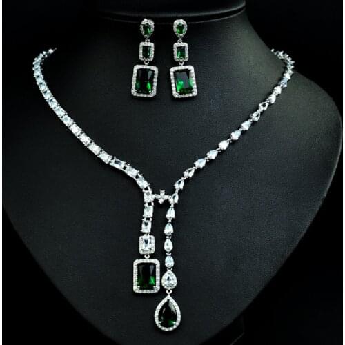 HIBRIDE Luxury Brand Green CZ Jewelry Set For Women Wedding Necklace Earring Set Cubic Zircon Dubai Bridal jewelry Set SS07