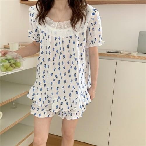 Lacework sweet pajama set women summer home clothes 2 piece set short sleeve pullovers shorts suit ruffles cotton sleepwear Y660