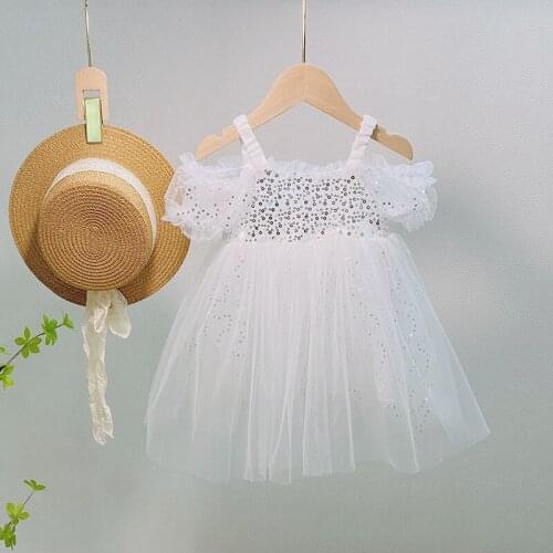 Fashion Baby Girl Ball Gown Kids Dresses for Girl Wedding Dress Clothes White Color Sequins Shoulder Off Dress for Toddler Girl