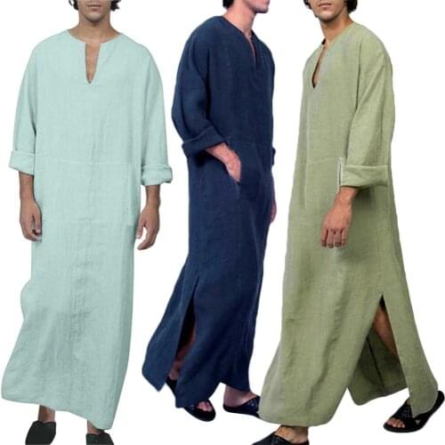 50% Hot Sales Men Ethnic Solid Color Long Sleeve V Neck Side Slit T-shirt Pocket Maxi Robe Gown