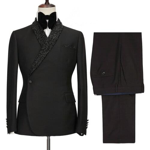 2021 Mens 2 Pieces Suits Shawl Lapel Black Double Breasted Regular Fit Prom Tuxedos For Wedding Party Best Man Blazer Pants