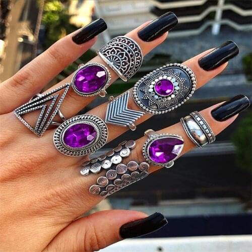 9 Pcs/Set Punk Exaggerated Geometry Triangle Arrow Sun Gem Crystal Silver Color Ring Set Girl Party Ring Jewelry Gift