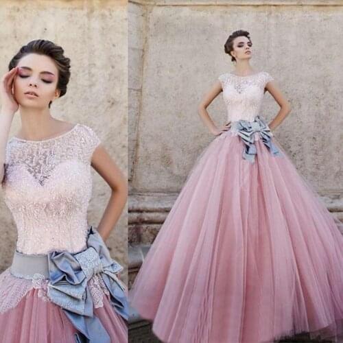 Amazing Design! Pink Ball Gown Wedding Dresses Cap Sleeve Jewel Neck Bow Satin Sash Beaded Lace Tulle Bridal Gowns Custom Made W