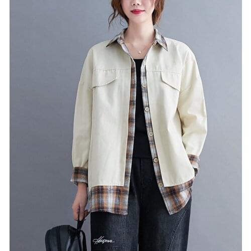 Plus Size Womens Spring Loose Korean BF Plaid Stitched Fake Two-Piece Shirt Long-Sleeved Cardigans Pocket Casual Outwear Blouse