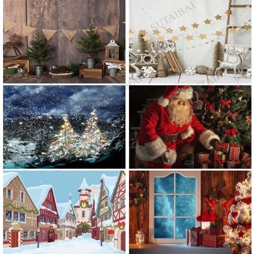 Christmas Fireplace Backdrop Photography Christmas Tree Vintage Rustic Wood Wall Xmas Photo Background Windows Winter Photocall