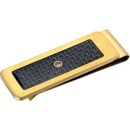 Blue With Black Carbon Fiber Drill Crystal Stainless Steel Golden Money Clip Cash Clip