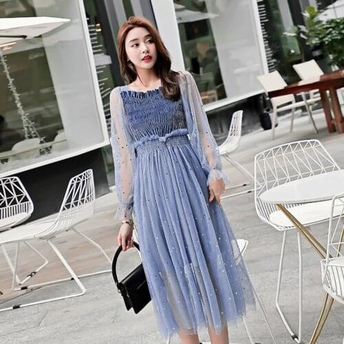 Spring maternity clothes fashion new tide mom gold velvet glitter wafer stitching lace silk yarn fashion dress