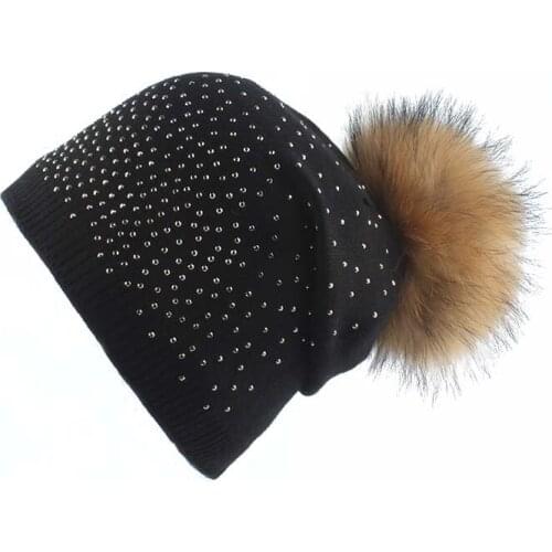 Womens Winter Hats Rhinestone Skullies Beanies For Ladies Big Real Raccoon Fur Pompom Hat Cashmere Wool Knitted Beanie Cap