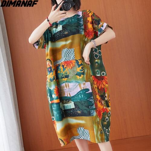 DIMANAF 2021 Plus Size Women Summer Dress Sundress Floral Print Linen Elegant Vintage Vestidos Loose Casual Female Big Clothing