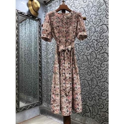 2021 Summer Fashion Style Dress High Quality Women O-Neck Pleated Patchwork Short Sleeve Mid-Calf Casual Vintage Print Dress