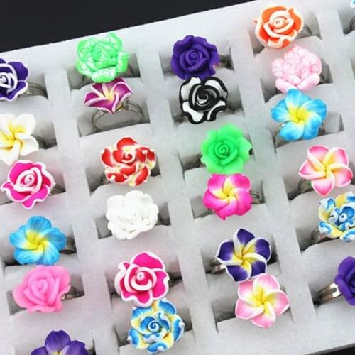 10pcs Polymer Clay Metal Children Kids Boys Girls Cartoon Flowers Fruit Finger Rings Gift MU8669