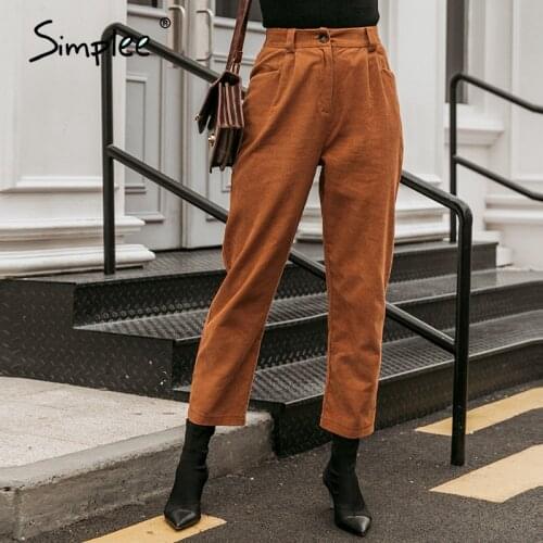 Simplee Casual crimping women corduroy pants Bottoms little flexible female autumn pencil pants Middle waist ladies trousers
