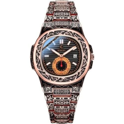 Fashion Carved Flower Steel Belt Quartz Watch Waterproof Watches Classic Calendar Mens Wristwatches Men Reloj Regarder