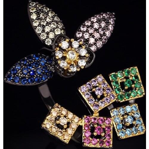 Colorful Petals New Ring Cold Wind Temperament Color Zircon Opening Adjustment Flower Ring Cocktail Party Birthday Jewelry