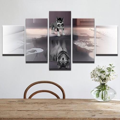 HD Printed Painting Canvas Large Animal Dog Home Decor Wall Art 5 Panel Wolf Modular Pictures For Living Room Poster Framework