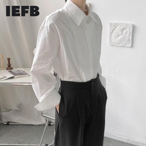 IEFB Korean Streetwear Black Shirts For Men Design Simple Asymmetric Temperament Mens Long Sleeve Loose White Shirt 9Y7036