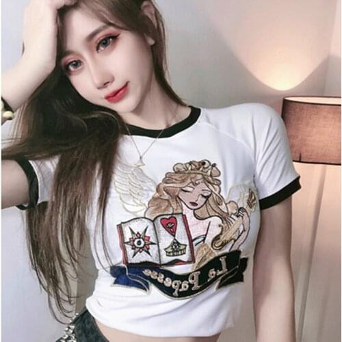 Short Slim -Fit Short-Sleeved T-shirt Women 's Summer Super Popular Embroidered Summer Instafamous Design Sense Cute Tight Top
