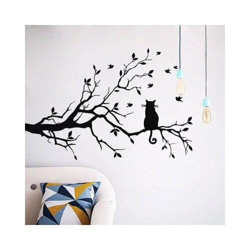 Cat On Tree Branch Birds Vinyl Wall Sticker Wall Art Decorative Stickers Glass Window Sticker Home Decor Adesivo De Parede Mural