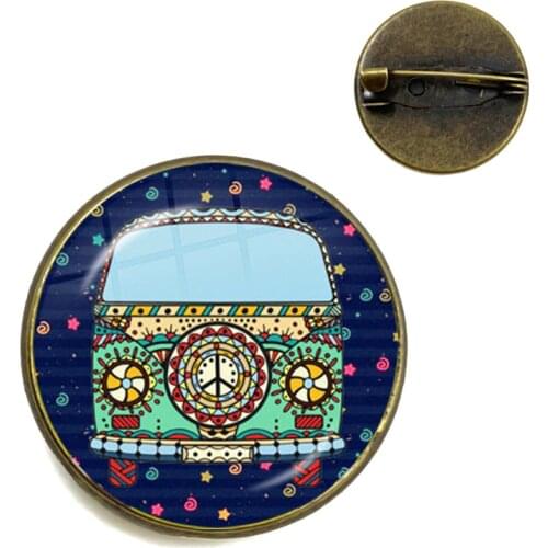 New Vintage Hippie Peace Sign Bus Brooches Glass Cabochon Car Photo Badge Brooch Collars Pins Fashion Men Women Jewelry For Gift