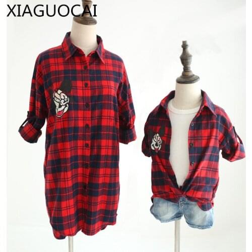 Family Matching Outfits Mother Long Blouse Children Daughter Son Clothing Plaid T Shirts Mouse Sunscreen Girls Dresses B76 10