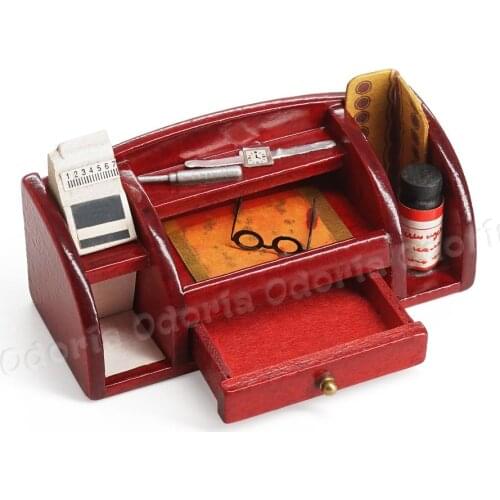 Odoria 1:12 Miniature Office Desk Stationery Multi-function Organizer Storage Box Wood Red Dollhouse Furniture Accessories