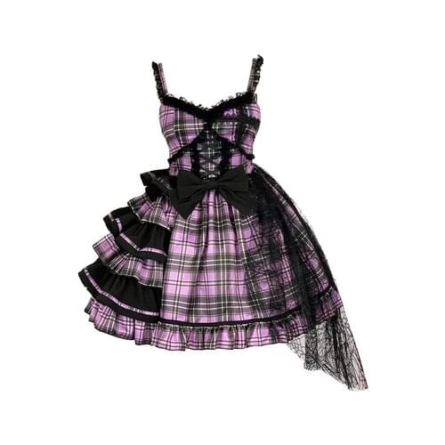 New Harajuku Gothic Women Fashion Asymmetric Bow Pink Plaid Sling Dress Female Lolita Temperament Slim Sweet Kawaii Dress